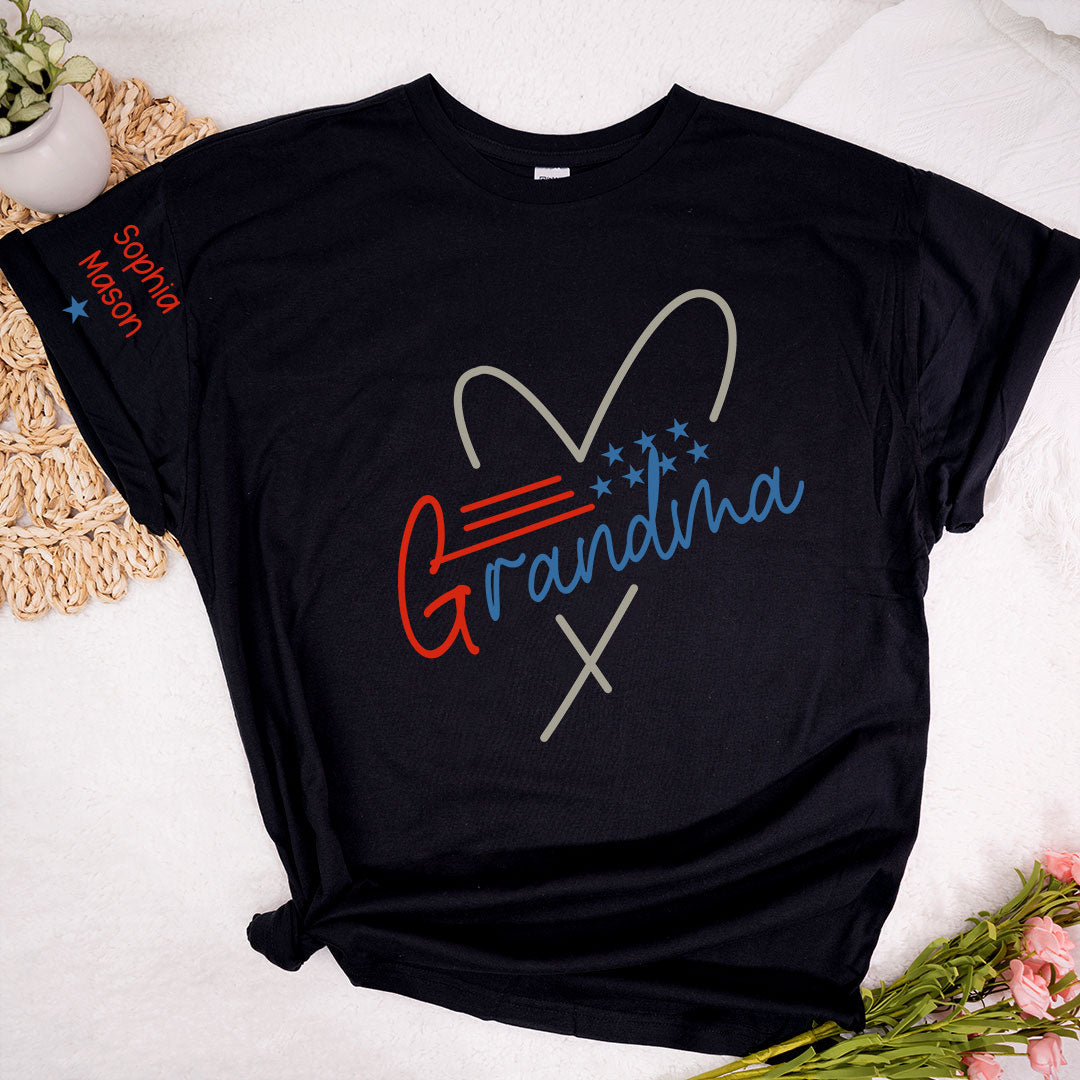 Grandma Heart 4th Of July Shirt, Custom Grandma And Grandkids T-Shirt