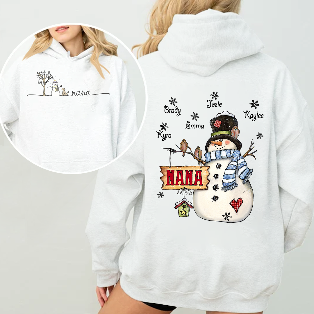 Custom Nana Snowman Hoodie - Personalized Grandma Christmas Sweatshirt with Grandkids' Names - Cozy Winter Holiday Gift