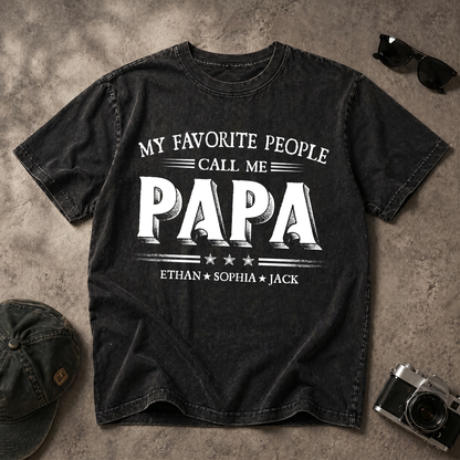 Custom Papa Mineral Wash Shirt with Grandchildren Names, My Favorite People Call Me Papa Graphic Tee for Grandpa