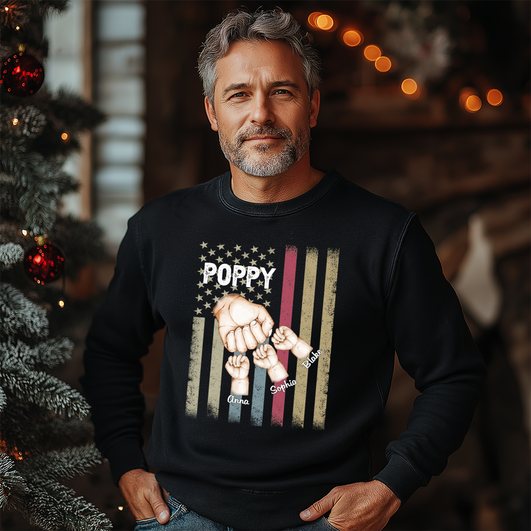 Personalized Grandpa Fist Bump Shirt with Kids’ Names, Custom Papa Pops Papaw Gift, American Flag Grandchildren Shirt for Father’s Day