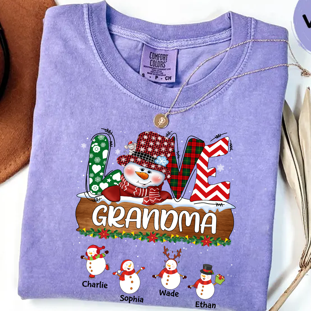 Comfort Colors® Personalized Grandma Christmas Shirt with Snowman and Kids’ Names