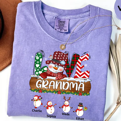 Comfort Colors® Personalized Grandma Christmas Shirt with Snowman and Kids’ Names