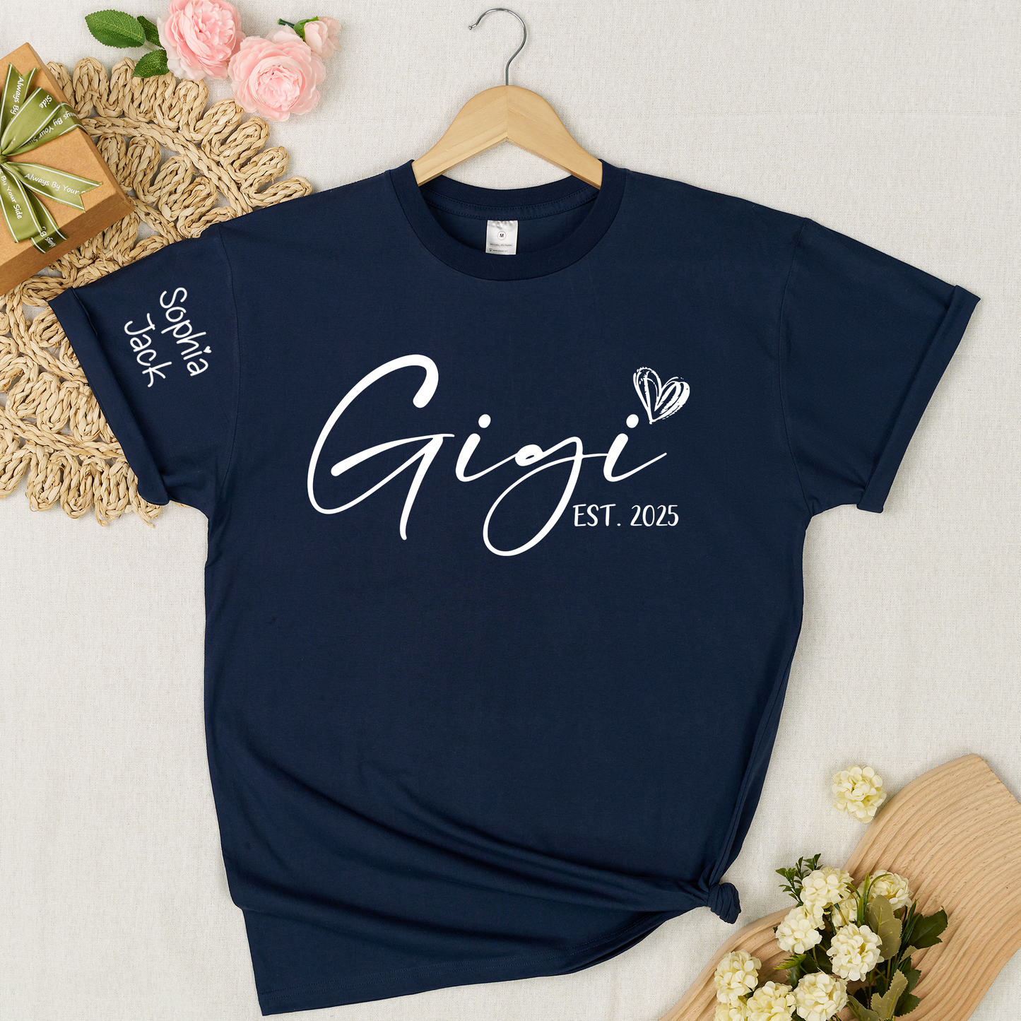 Personalized Gigi EST. 2025 T-Shirt with Custom Names for Family - Unique Gift for Grandma, Mom, or Loved Ones