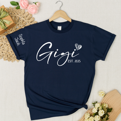 Personalized Gigi EST. 2025 T-Shirt with Custom Names for Family - Unique Gift for Grandma, Mom, or Loved Ones