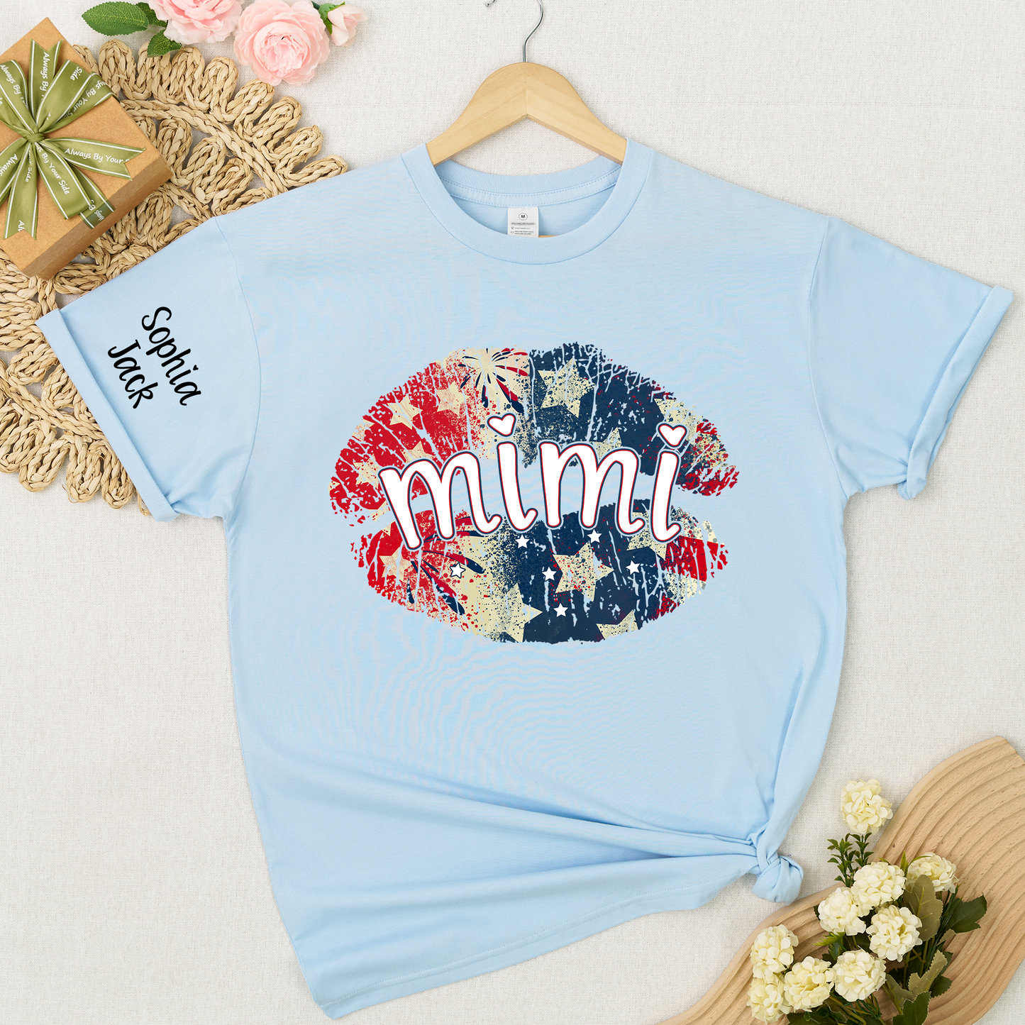 Personalized Mimi Gigi Nana Grandma Patriotic Lips Shirt Custom Kids Names Sleeve Red White Blue America Pride Graphic Tee Women Family Celebration Fourth of July Patriotic Lips Design Top
