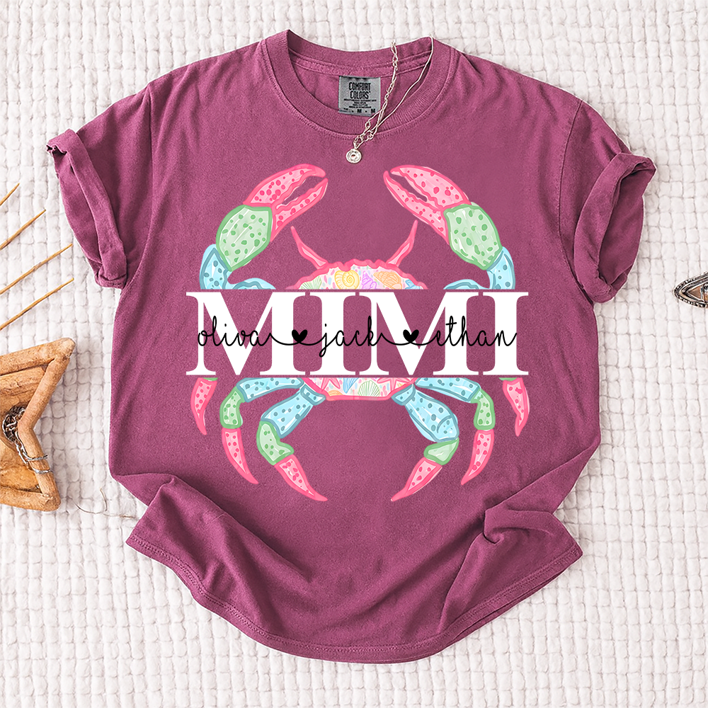 Comfort Colors Personalized Mimi Crab Shirt, Custom Grandkids Names Beach Shirt, Coastal Grandma Summer Shirt, Ocean Lover Gift for Grandma