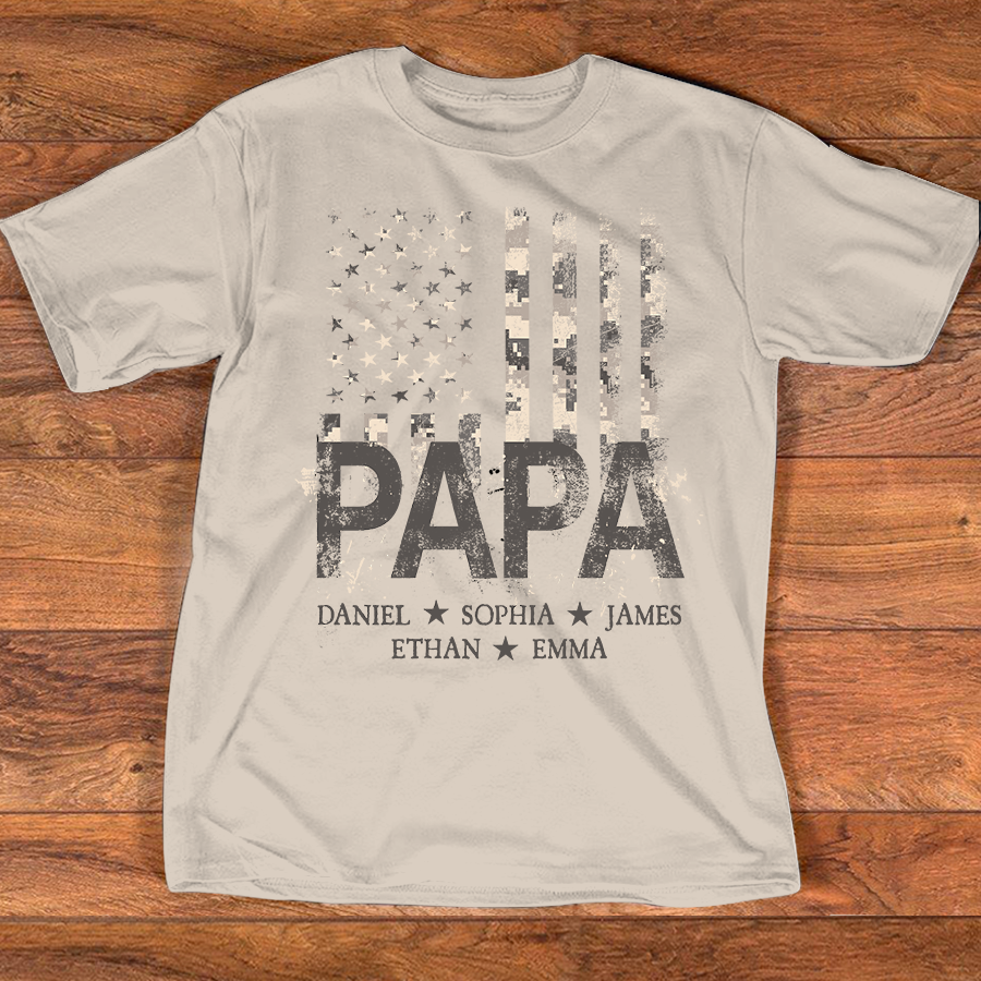 Personalized Papa American Flag Shirt, Custom Kids Names Patriotic T Shirt for Dad Grandpa, U.S. 250th Anniversary 4th of July Birthday Gift