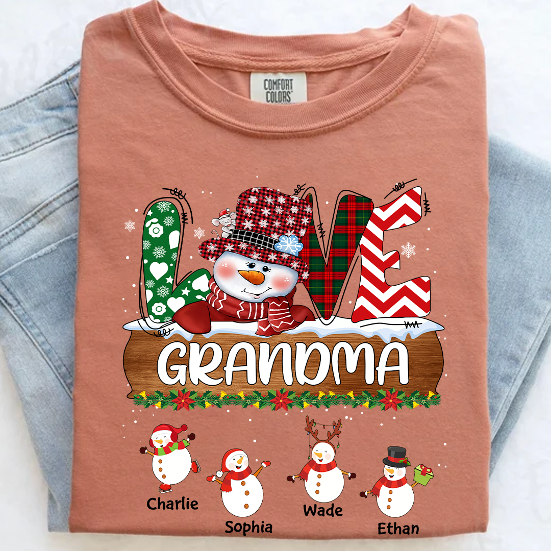 Comfort Colors® Personalized Grandma Christmas Shirt with Snowman and Kids’ Names