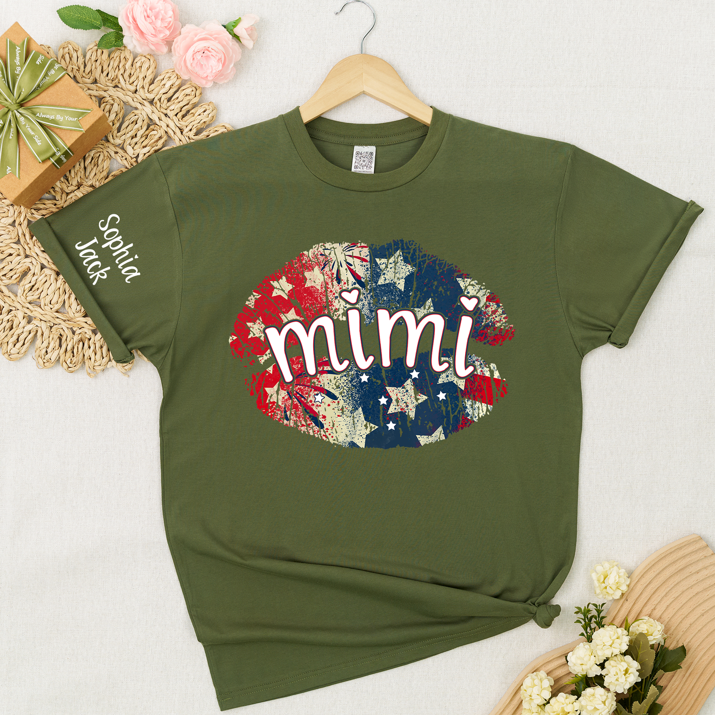 Personalized Mimi Gigi Nana Grandma Patriotic Lips Shirt Custom Kids Names Sleeve Red White Blue America Pride Graphic Tee Women Family Celebration Fourth of July Patriotic Lips Design Top