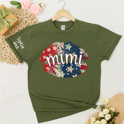 Personalized Mimi Gigi Nana Grandma Patriotic Lips Shirt Custom Kids Names Sleeve Red White Blue America Pride Graphic Tee Women Family Celebration Fourth of July Patriotic Lips Design Top