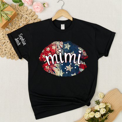 Personalized Mimi Gigi Nana Grandma Patriotic Lips Shirt Custom Kids Names Sleeve Red White Blue America Pride Graphic Tee Women Family Celebration Fourth of July Patriotic Lips Design Top