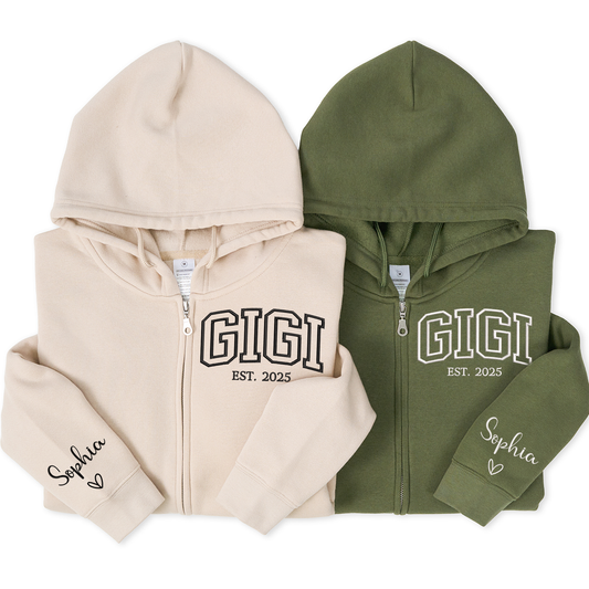 Personalized GIGI Zip Hoodie with EST Year, Custom Grandma Name Sweatshirt, Oversized Full Zip Hoodie with Sleeve Script, Cozy Casual Family Wear