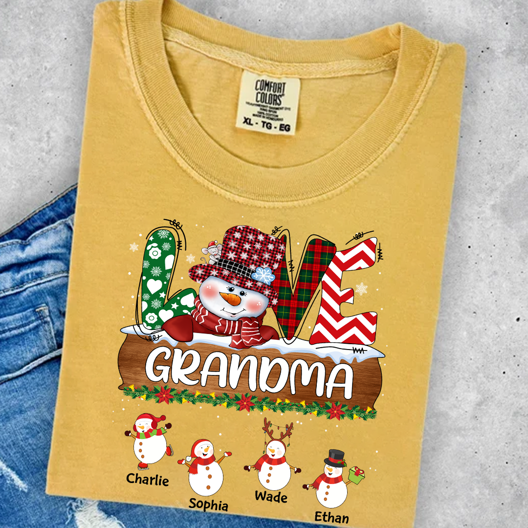 Comfort Colors® Personalized Grandma Christmas Shirt with Snowman and Kids’ Names