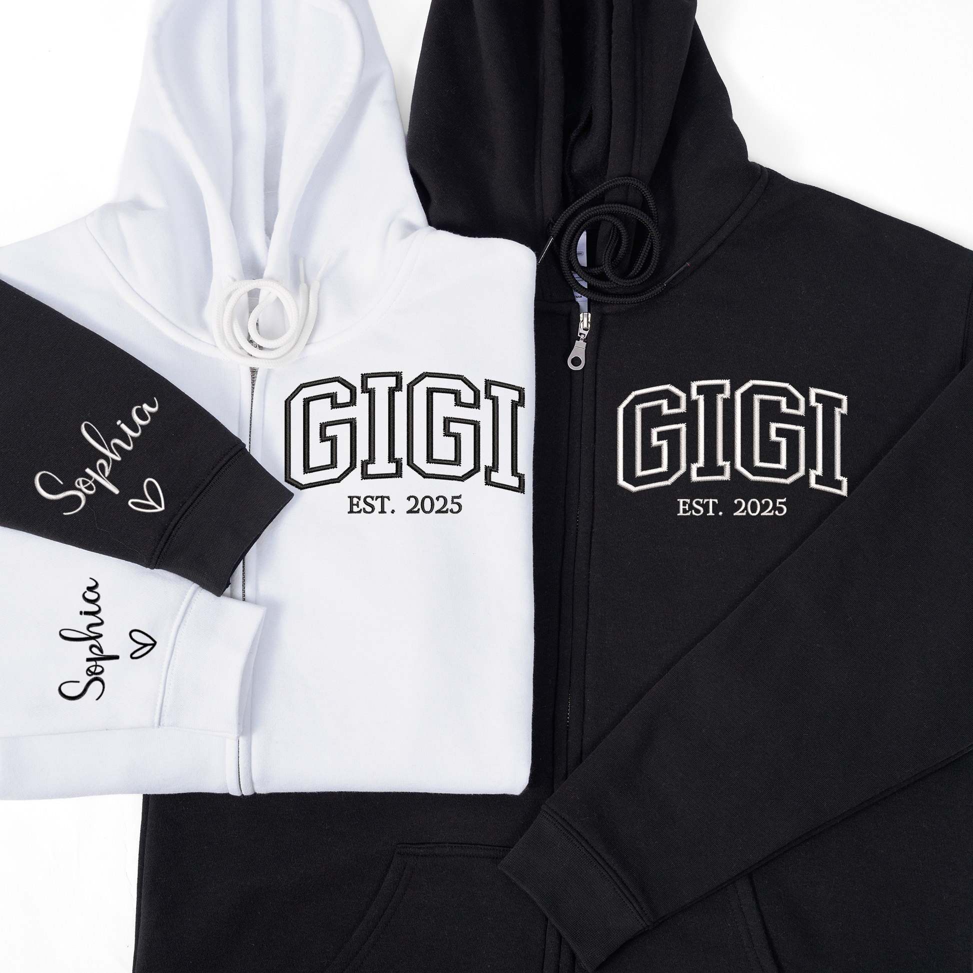 Personalized GIGI Zip Hoodie with EST Year, Custom Grandma Name Sweatshirt, Oversized Full Zip Hoodie with Sleeve Script, Cozy Casual Family Wear