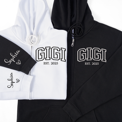 Personalized GIGI Zip Hoodie with EST Year, Custom Grandma Name Sweatshirt, Oversized Full Zip Hoodie with Sleeve Script, Cozy Casual Family Wear