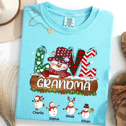 Comfort Colors® Personalized Grandma Christmas Shirt with Snowman and Kids’ Names