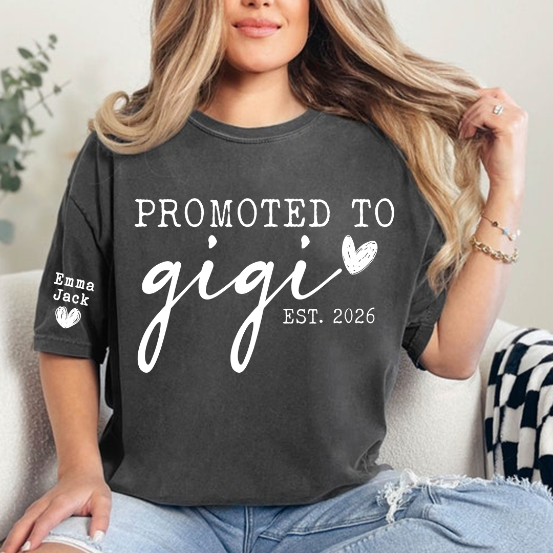 Promoted To Gigi Est 2026 Shirt, Personalized Grandkids Names Sleeve Tee, New Gigi Gift, First Time Grandma Announcement Shirt