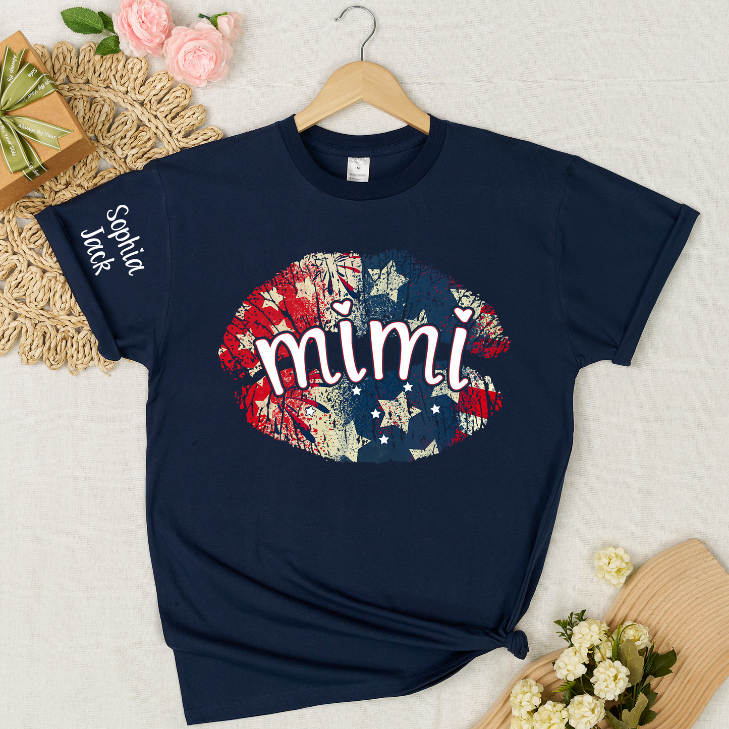 Personalized Mimi Gigi Nana Grandma Patriotic Lips Shirt Custom Kids Names Sleeve Red White Blue America Pride Graphic Tee Women Family Celebration Fourth of July Patriotic Lips Design Top