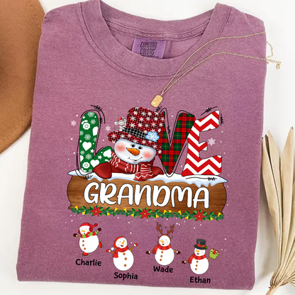 Comfort Colors® Personalized Grandma Christmas Shirt with Snowman and Kids’ Names