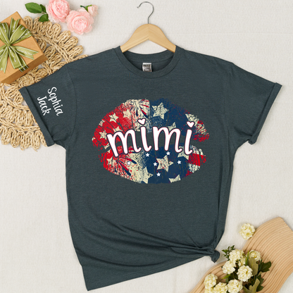 Personalized Mimi Gigi Nana Grandma Patriotic Lips Shirt Custom Kids Names Sleeve Red White Blue America Pride Graphic Tee Women Family Celebration Fourth of July Patriotic Lips Design Top