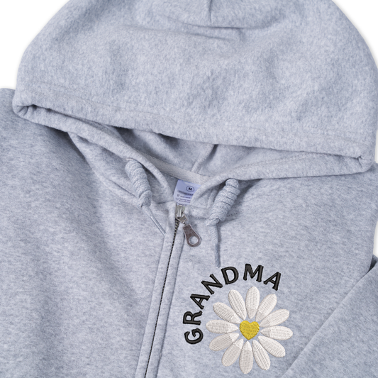 Personalized Grandma Daisy Zip Hoodie, Custom Grandma Name Embroidered Sweatshirt with Sleeve Detail, Oversized Full Zip Hoodie for Women, Cozy Family Apparel