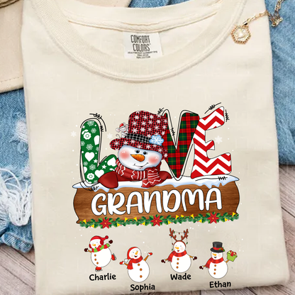 Comfort Colors® Personalized Grandma Christmas Shirt with Snowman and Kids’ Names