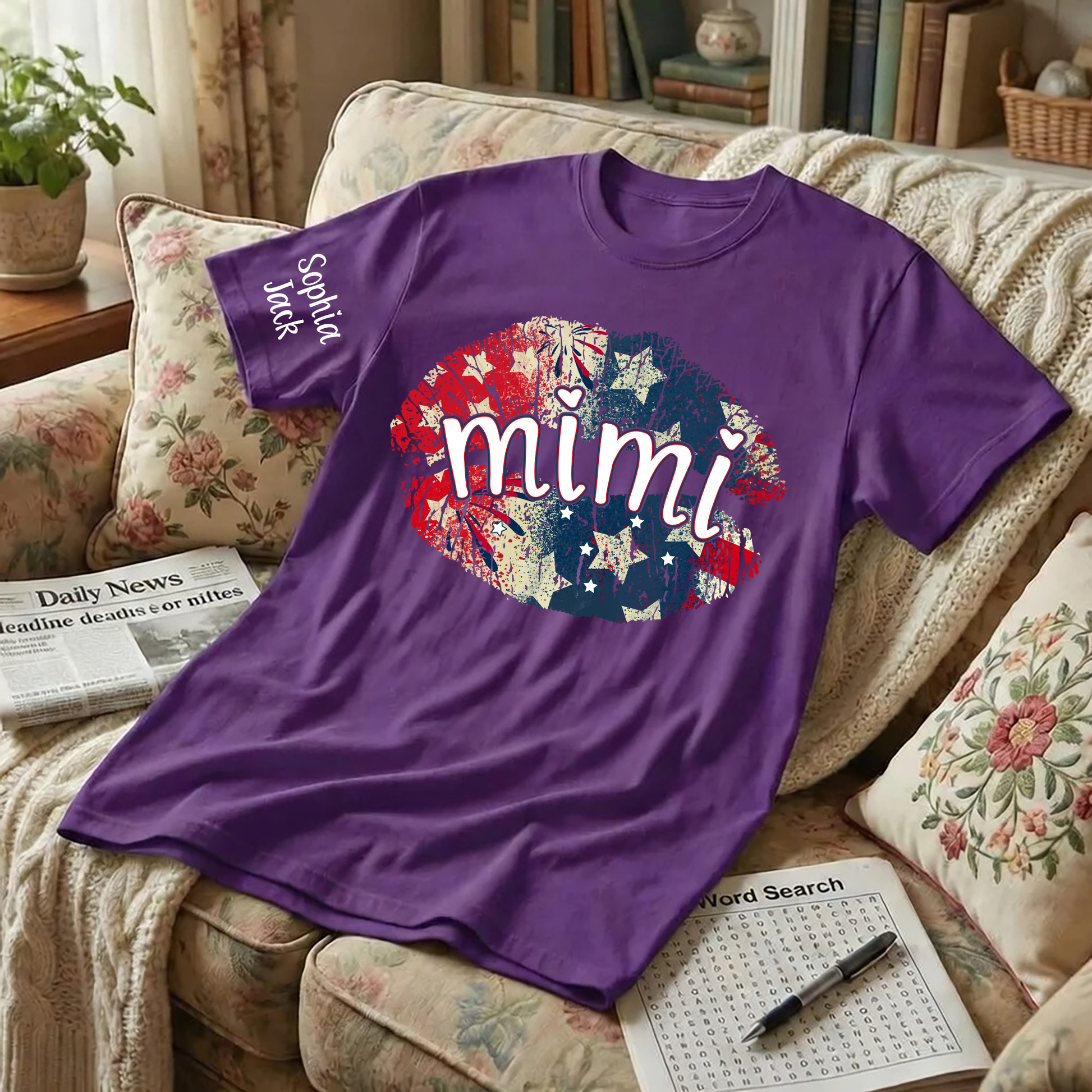 Personalized Mimi Gigi Nana Grandma Patriotic Lips Shirt Custom Kids Names Sleeve Red White Blue America Pride Graphic Tee Women Family Celebration Fourth of July Patriotic Lips Design Top