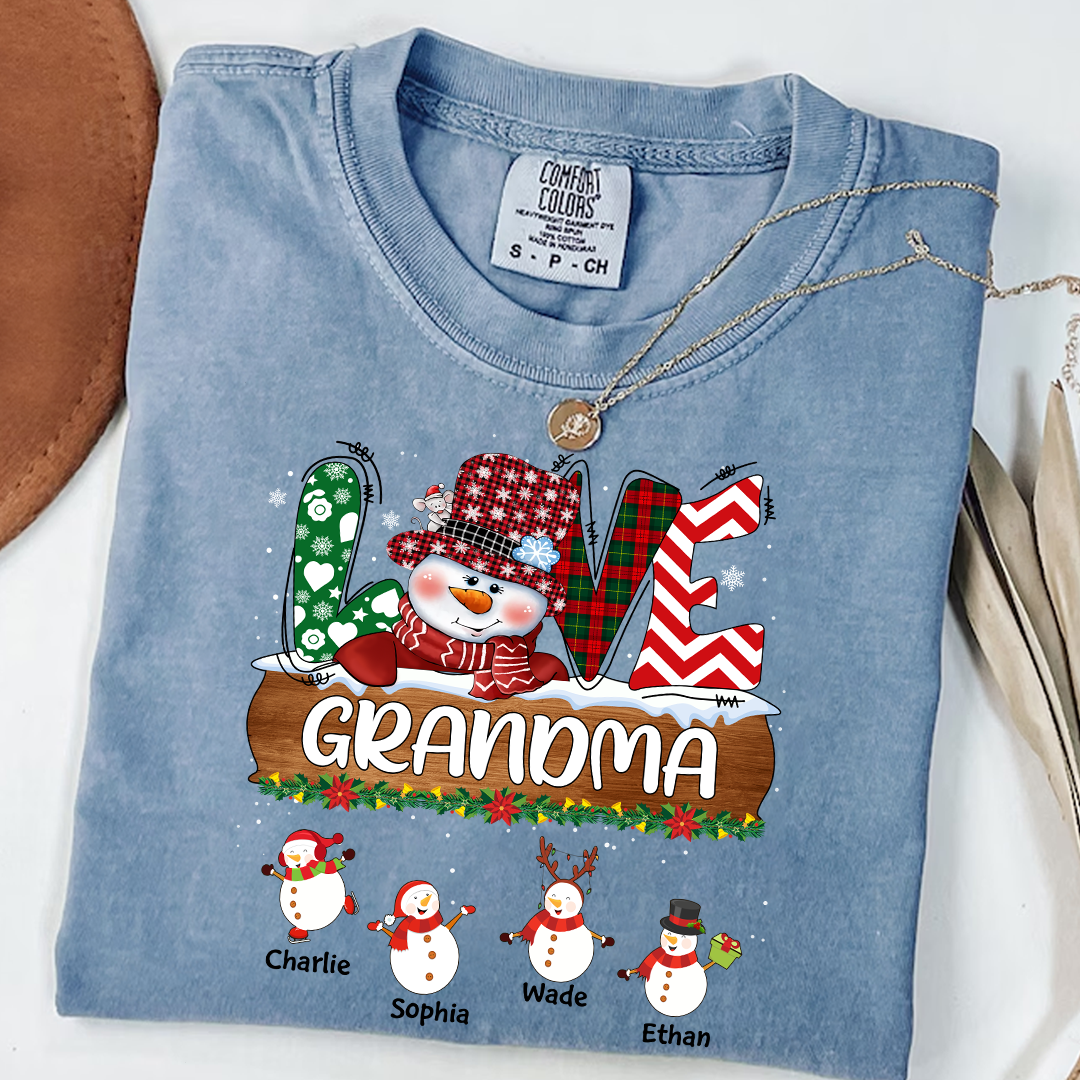 Comfort Colors® Personalized Grandma Christmas Shirt with Snowman and Kids’ Names