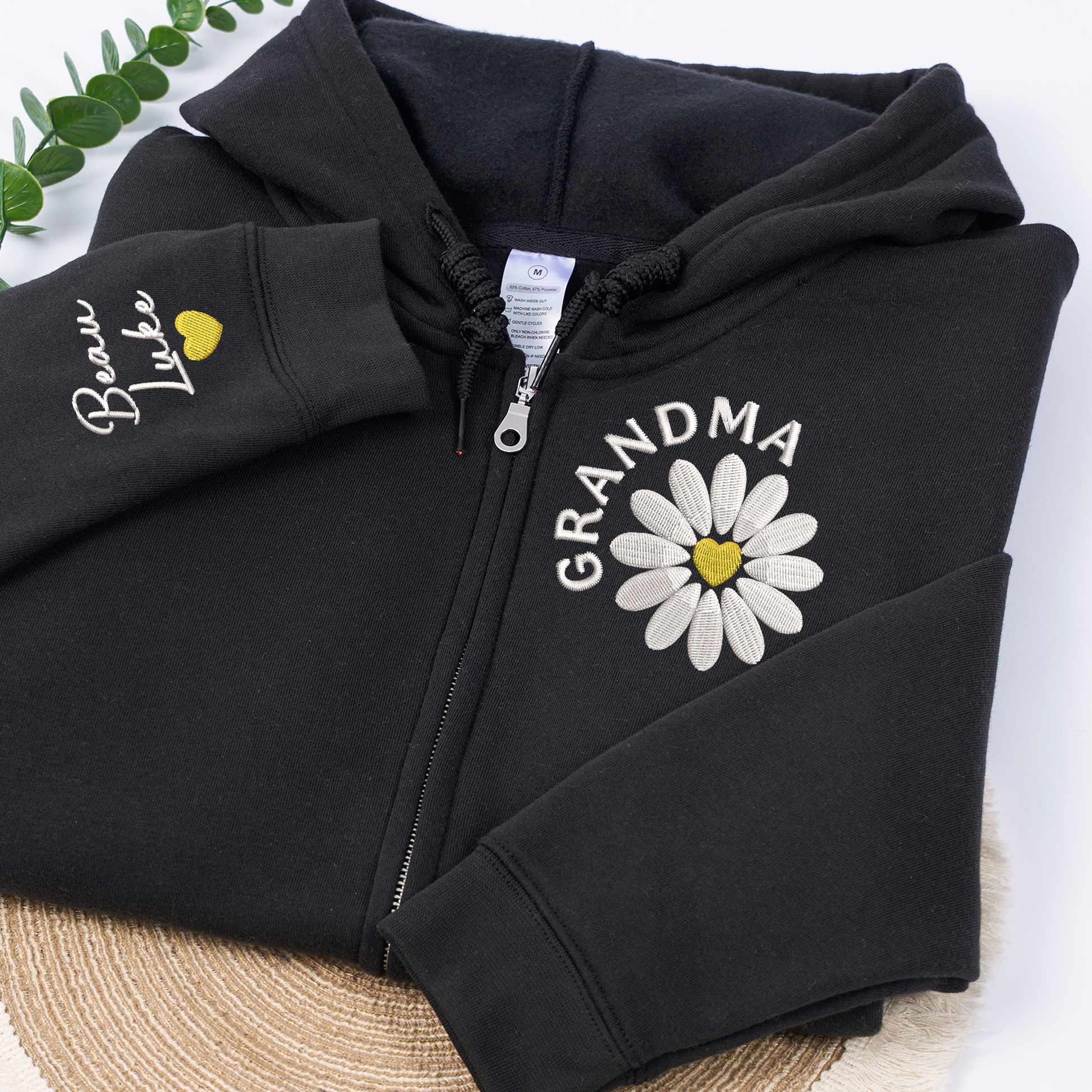 Personalized Grandma Daisy Zip Hoodie, Custom Grandma Name Embroidered Sweatshirt with Sleeve Detail, Oversized Full Zip Hoodie for Women, Cozy Family Apparel
