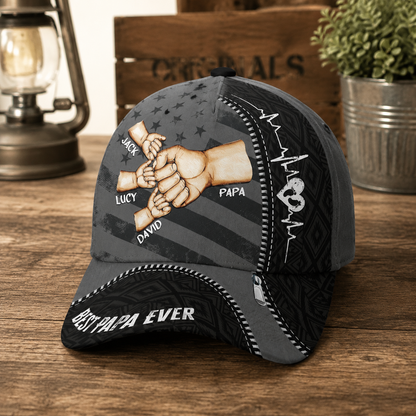 Custom Trucker Hat for Papa – Fist Bump Design with Kids' Names and Heartbeat, Ideal Father’s Day Gift