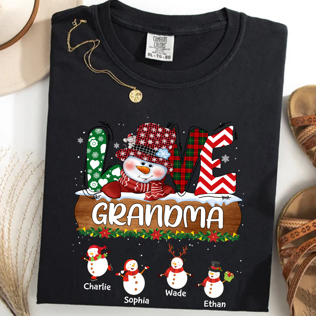 Comfort Colors® Personalized Grandma Christmas Shirt with Snowman and Kids’ Names