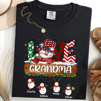 Comfort Colors® Personalized Grandma Christmas Shirt with Snowman and Kids’ Names
