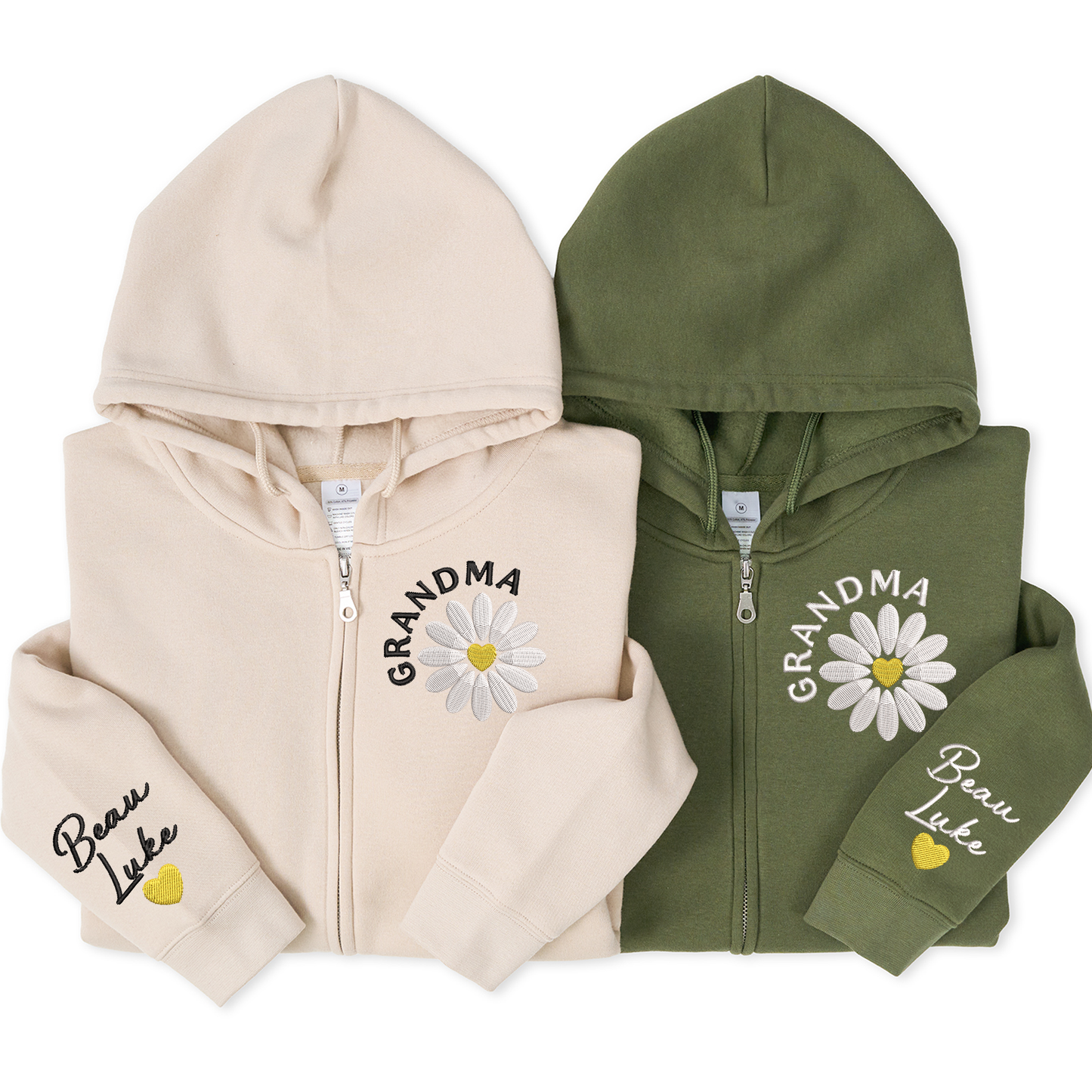 Personalized Grandma Daisy Zip Hoodie, Custom Grandma Name Embroidered Sweatshirt with Sleeve Detail, Oversized Full Zip Hoodie for Women, Cozy Family Apparel