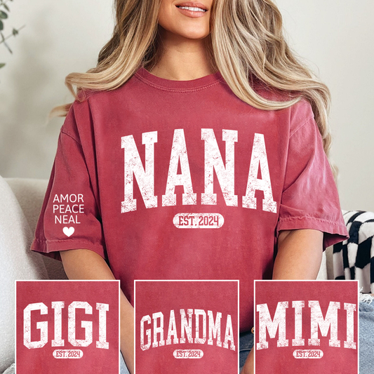 Custom Nana Shirt, Personalized Grandma Mimi Gigi T-Shirt, EST. 2024, Gift For Mother's Day, Grandmother Apparel with Amor Peace Neal Print