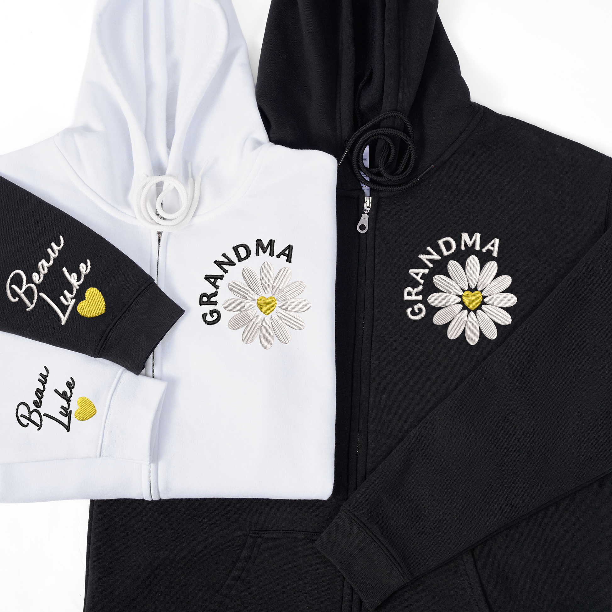 Personalized Grandma Daisy Zip Hoodie, Custom Grandma Name Embroidered Sweatshirt with Sleeve Detail, Oversized Full Zip Hoodie for Women, Cozy Family Apparel