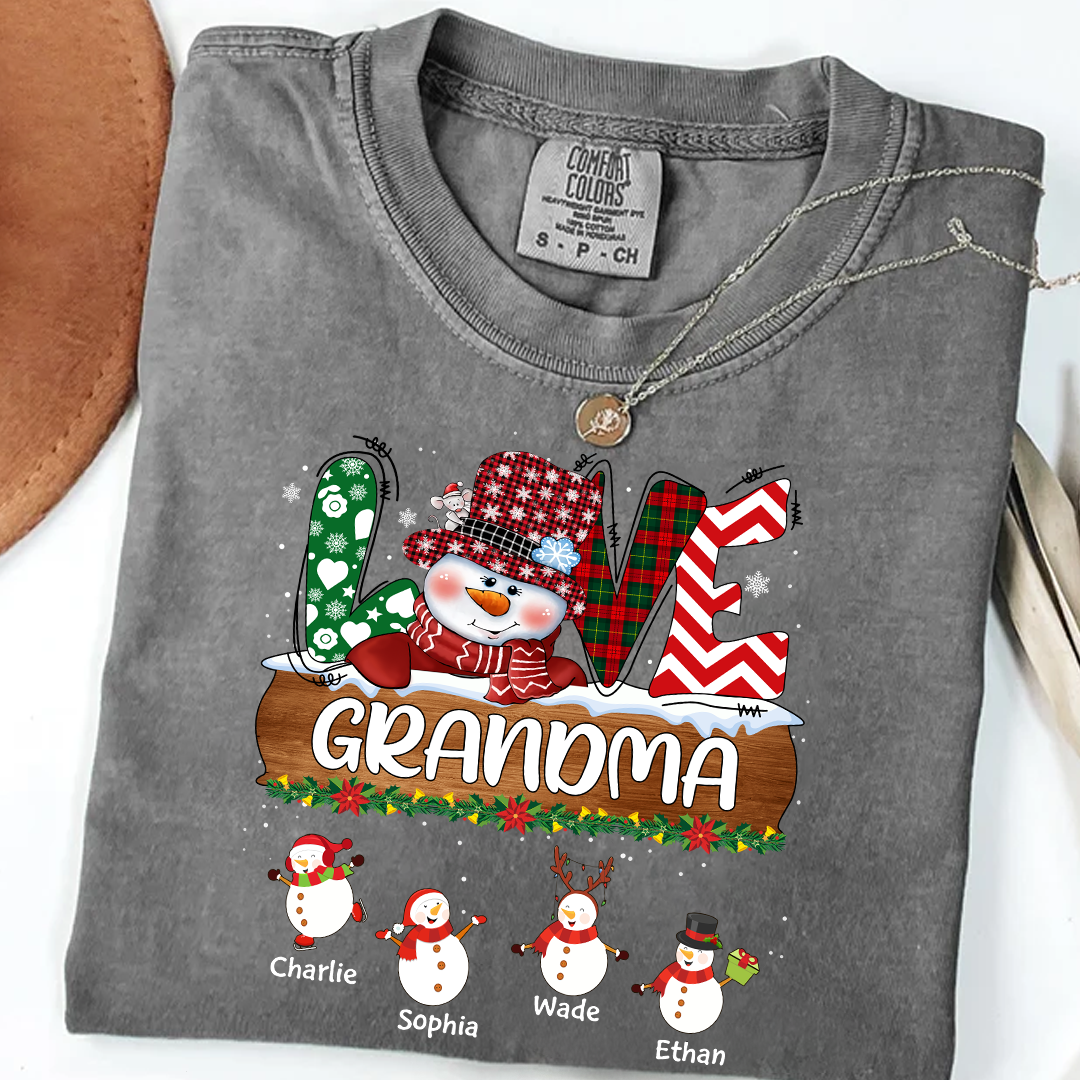 Comfort Colors® Personalized Grandma Christmas Shirt with Snowman and Kids’ Names