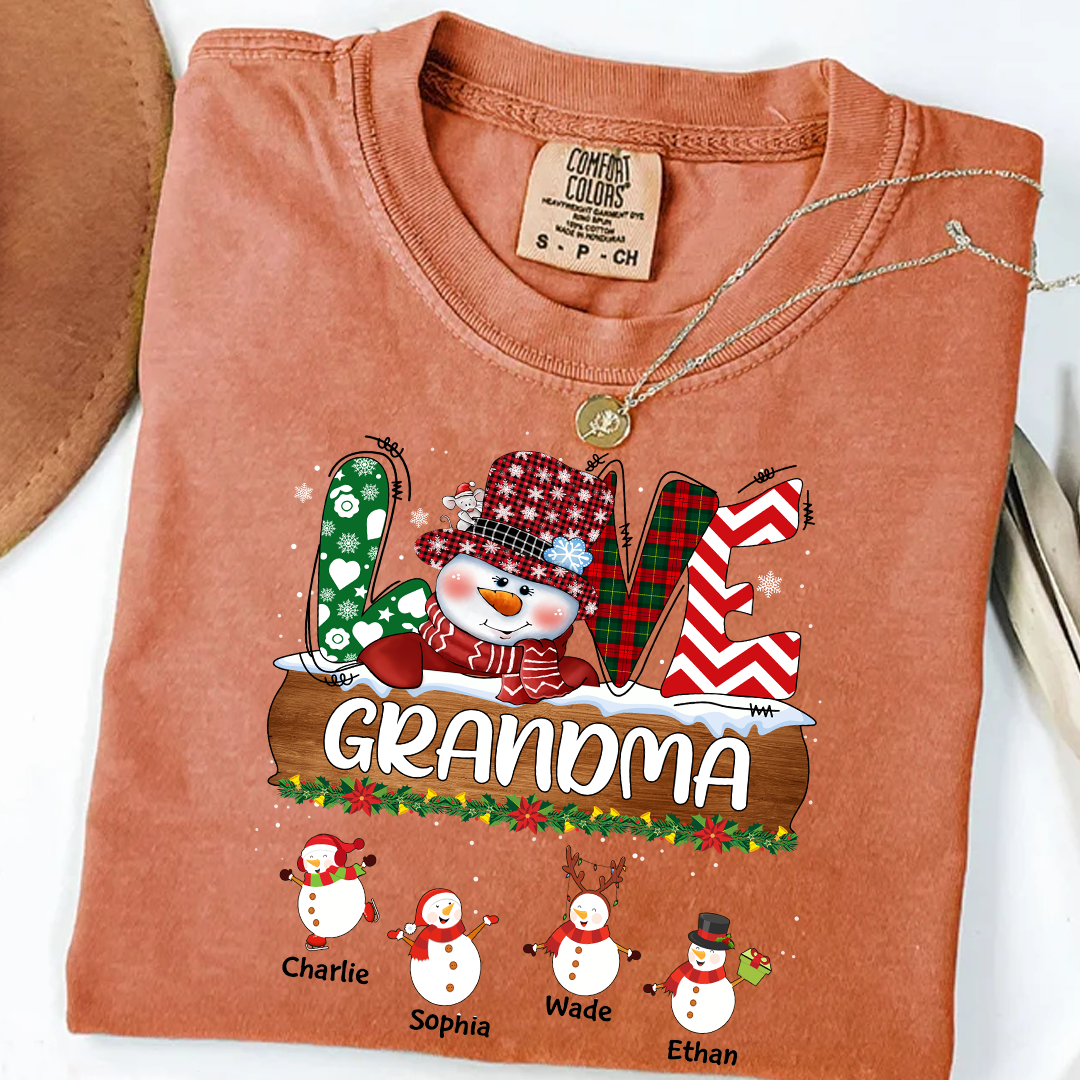 Comfort Colors® Personalized Grandma Christmas Shirt with Snowman and Kids’ Names