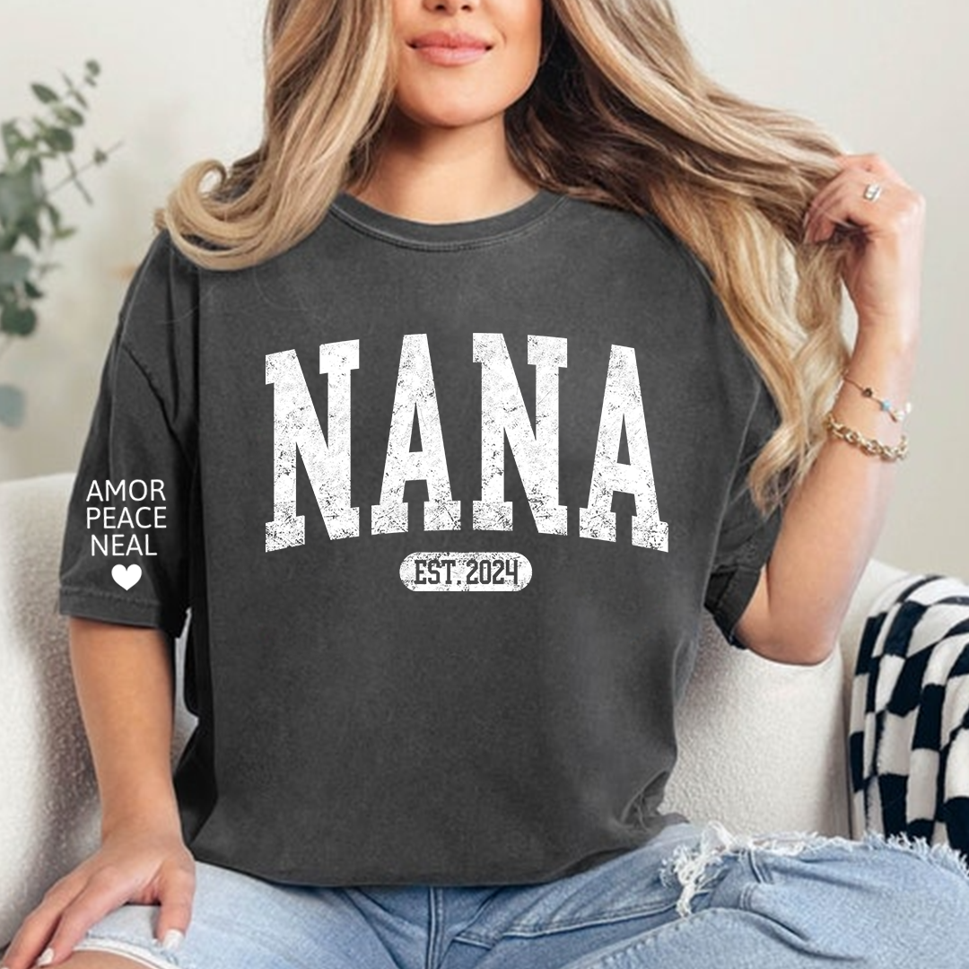 Custom Nana Shirt, Personalized Grandma Mimi Gigi T-Shirt, EST. 2024, Gift For Mother's Day, Grandmother Apparel with Amor Peace Neal Print