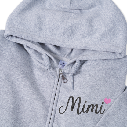 Personalized Mimi Embroidered Zip Hoodie, Custom Grandma Name with Kids Names on Sleeve, Full Zip Hooded Sweatshirt for Women, Cozy Family Wear for Mother Day Birthday Holidays