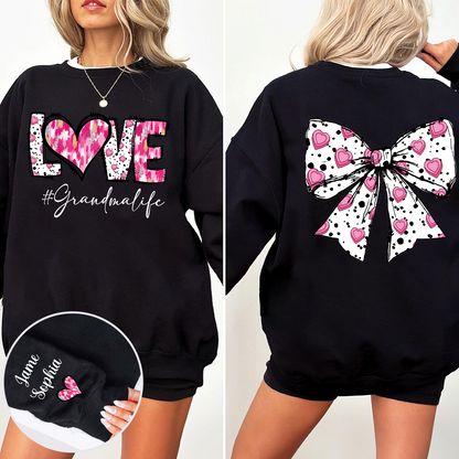 Custom LOVE Grandma Sweatshirt with Pink Heart Bow Design - Personalized with Grandkids' Names - Thoughtful Gift for Grandmothers