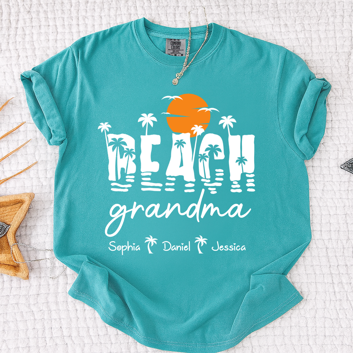 Comfort Colors Personalized Tropical Grandma Shirt – Custom Beach Sunset Palm Tree Tee with Grandchildren Names, Vacation Gift for Her