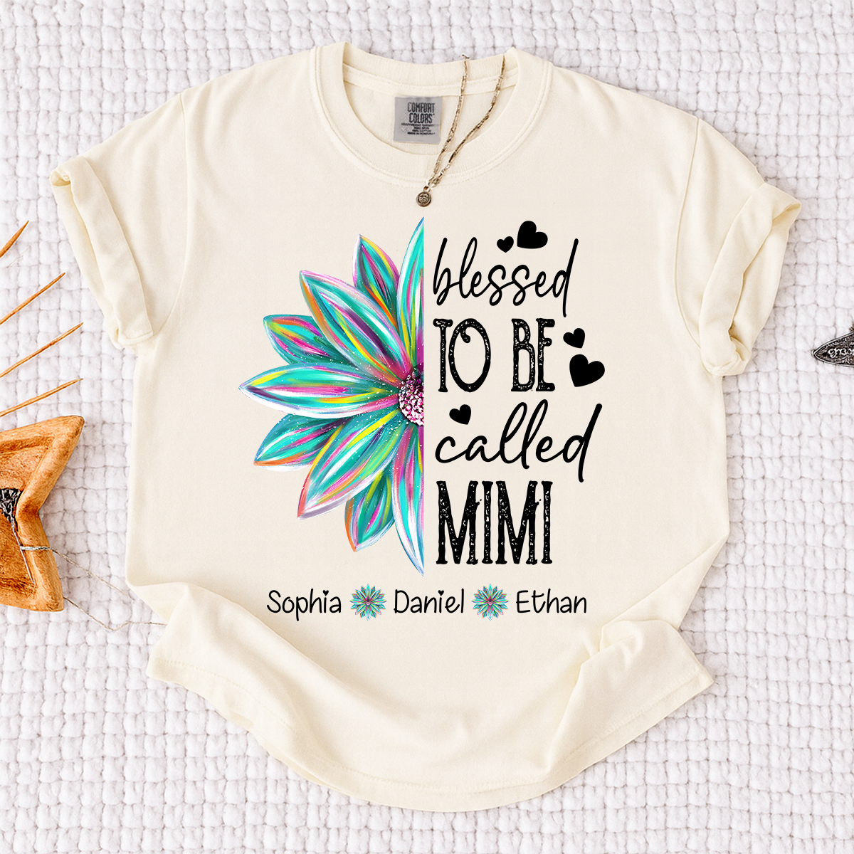 Comfort Colors Blessed To Be Called Mimi Colorful Flower T Shirt, Personalized Grandma Shirt with Kids' Names