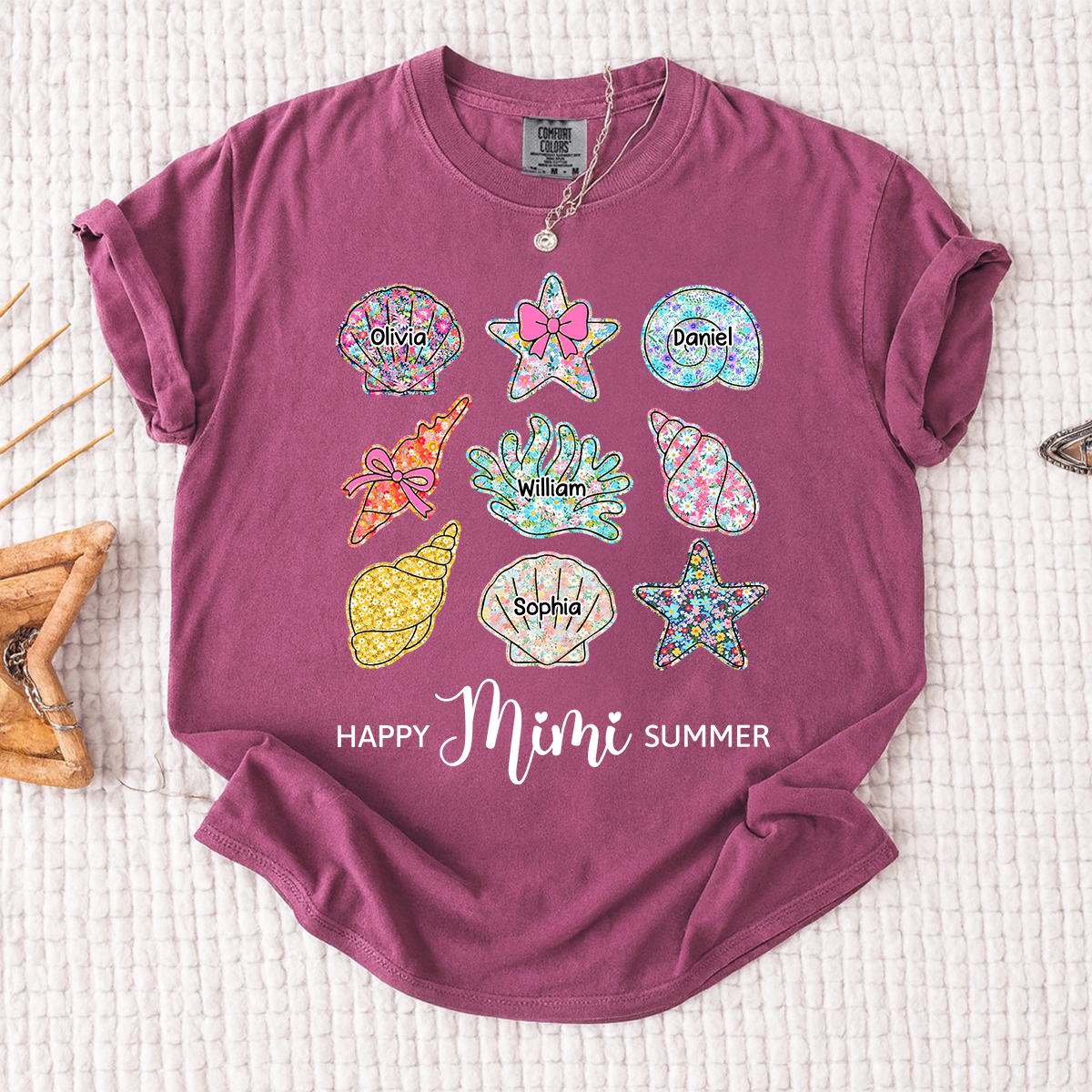 Comfort Colors Personalized Mimi Summer Beach Shirt with Grandkids Names, Custom Grandma Seashell Starfish T Shirt for Women