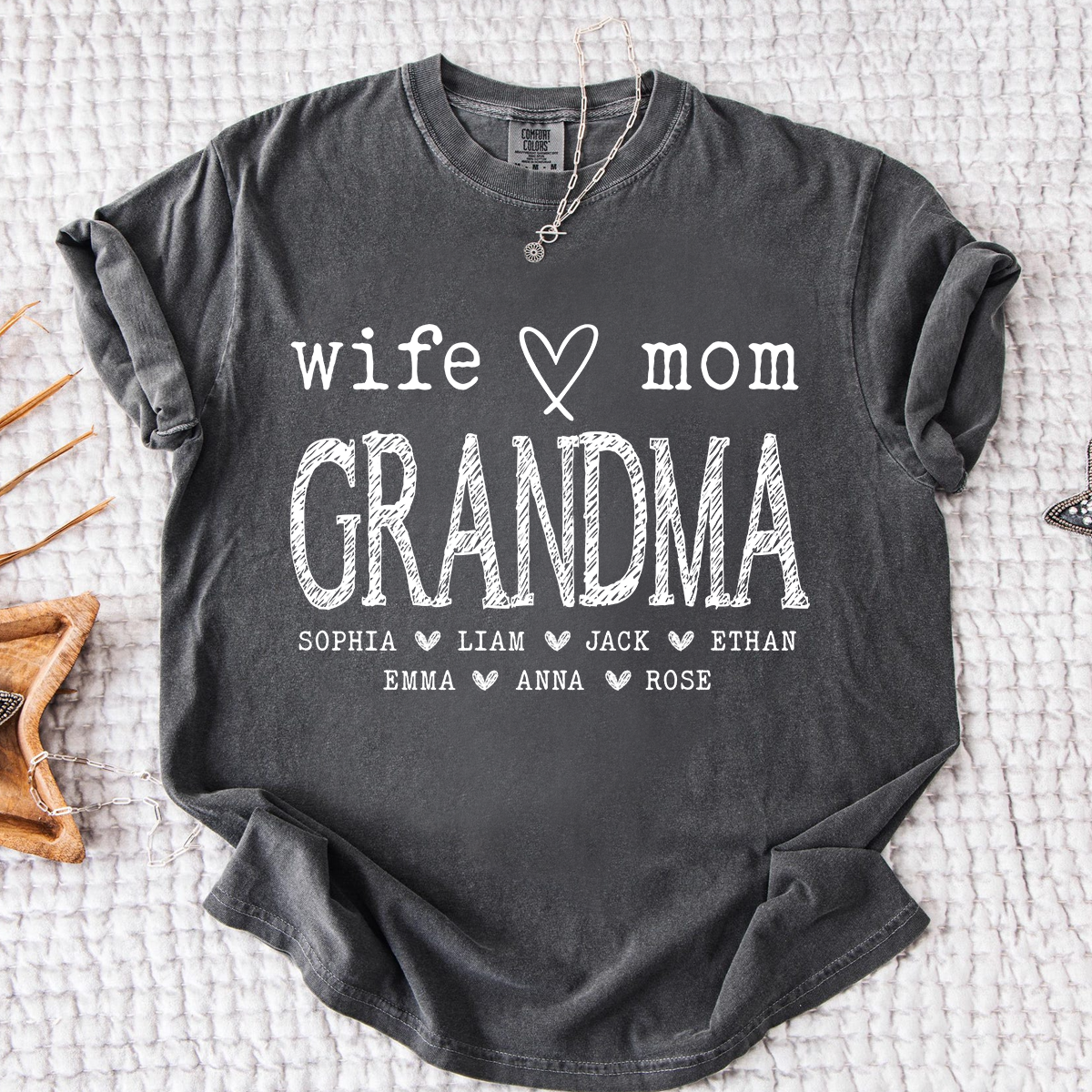 Comfort Colors® Wife Mom Grandma Shirt with Kids’ Names, Custom Family T-Shirt, Perfect Gift for Grandmother