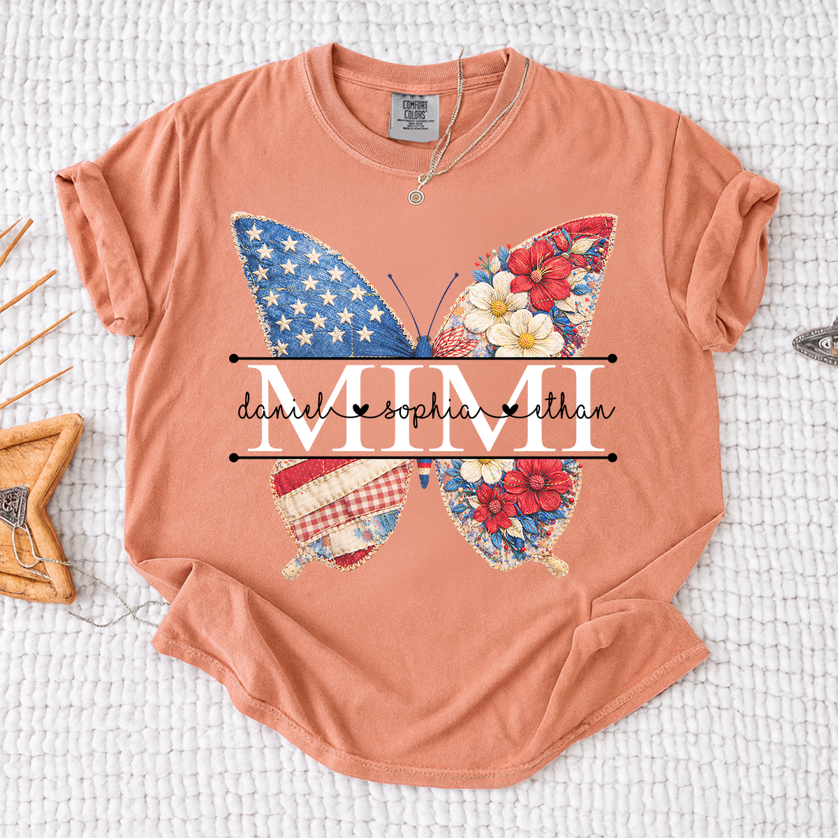 Comfort Personalized Mimi Shirt with Grandkids Names, American Flag and Flower Butterfly Design