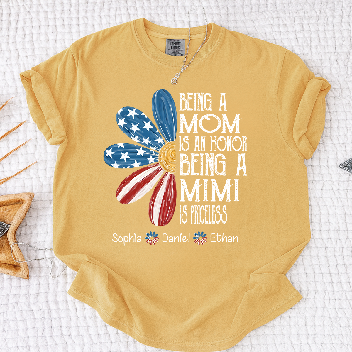 Comfort Colors Custom Mimi T Shirt with Grandkids Names USA Flag Daisy Graphic Being a Mom Is an Honor Mimi Is Priceless Family Name Personalized Apparel
