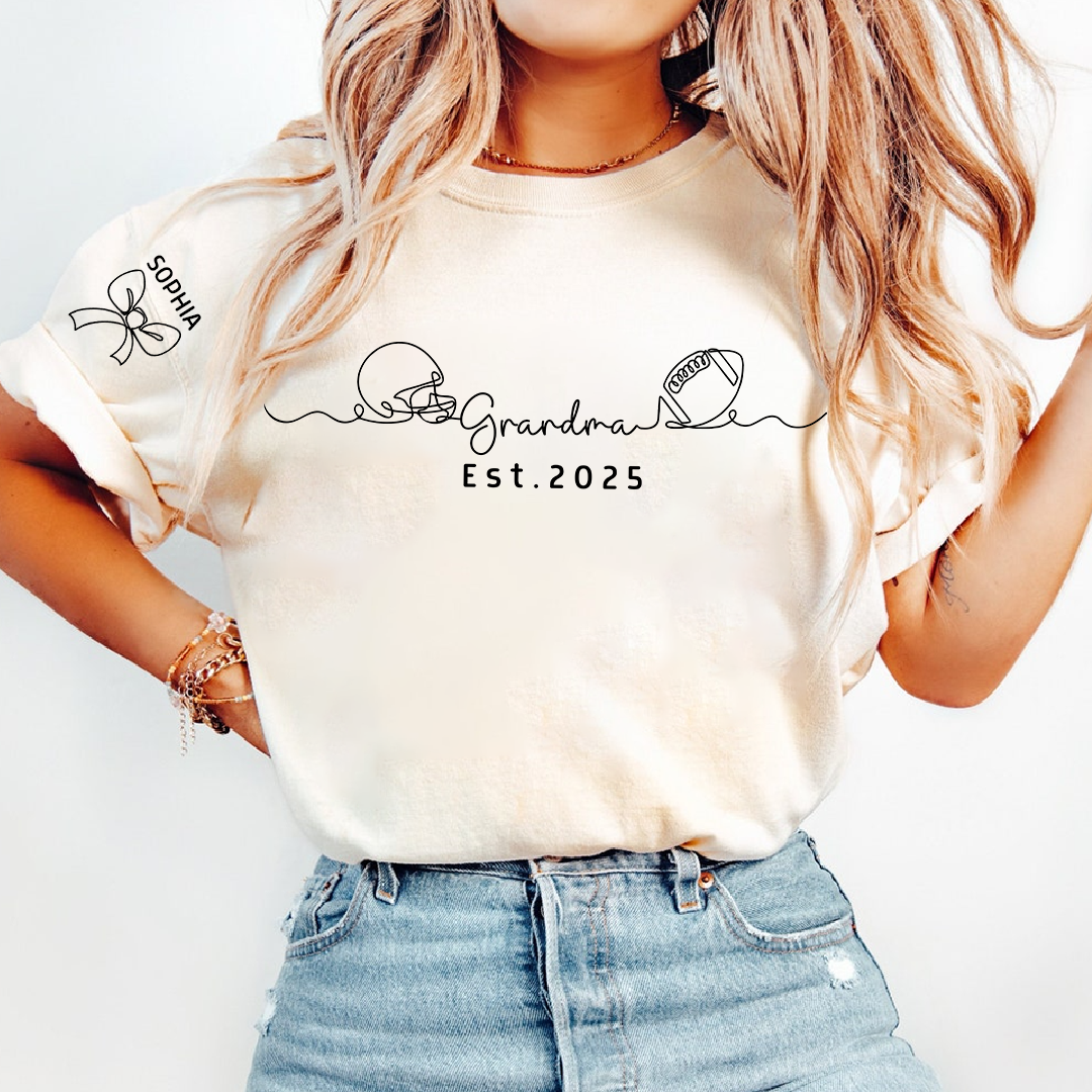 Custom Grandma T Shirt, Football Line Art For Gift Grandma And Kids Est. 2025