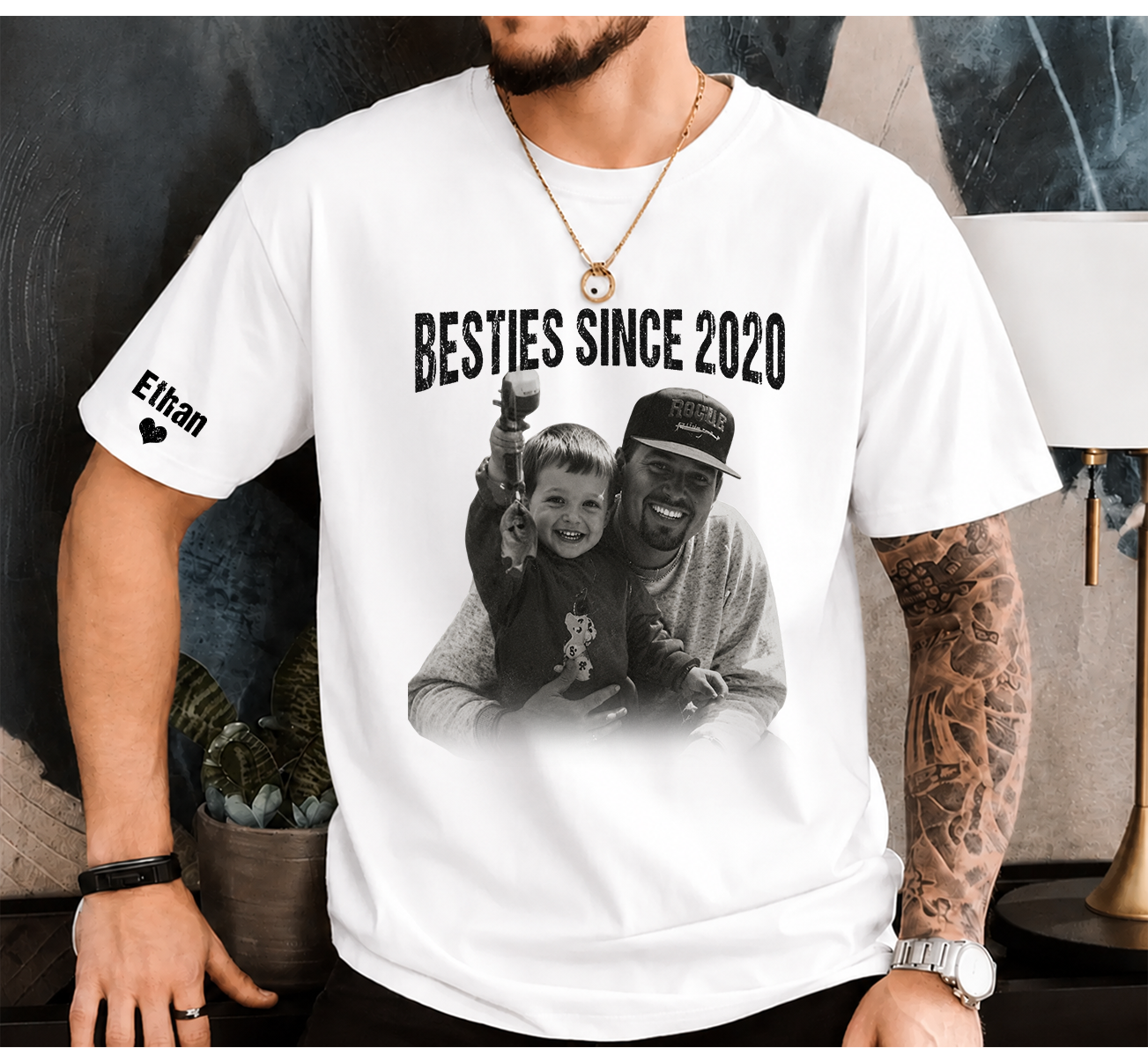 Personalized Besties Since Shirt with Custom Photo and Name on Sleeve Gift for Father’s Day