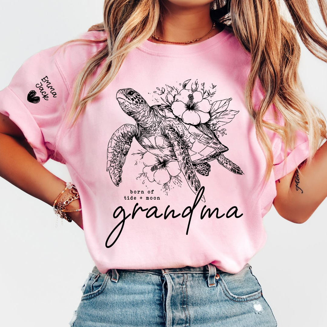 Custom Grandma Sea Turtle T Shirt, Personalized Grandchildren Names Sleeve Tee, Nature Lover Grandma Gift for Women