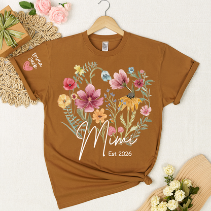Mimi Est T-Shirt Personalized with Grandkids Names, Wildflower Floral Family Tee